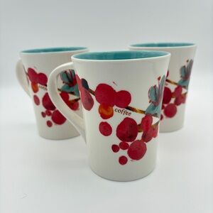 Set of Three Starbucks 2008 12oz  Floral  Ceramic Mugs w Blue Interior
